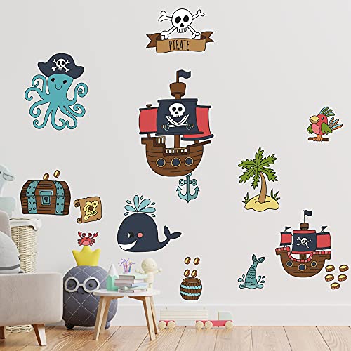 Piraten Wandtattoo Set V250 | handgezeichnet | AUFKLEBER Kindergarten | Wandsticker Kinderzimmer Matrose Pirat Oktopus Piratenschiff Seemann Anker Insel (50 x 50 cm)