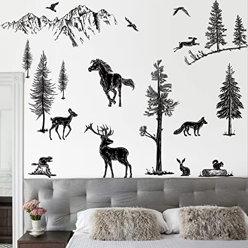 decalmile Wandtattoo Waldtiere Hirsch Kiefer Wandaufkleber Pferd Baum Wandsticker Wohnzimmer Schlafzimmer Sofa Hintergrund Wanddeko