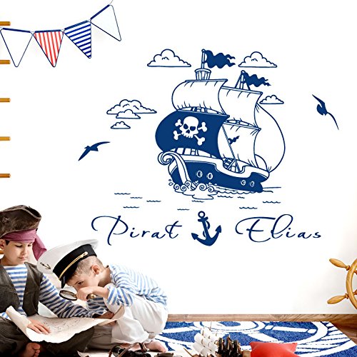 Grandora Wandtattoo Piratenschiff Anker + Wunschname I dunkelblau (BxH) 117 x 72 cm I Schiff Kinderzimmer Sticker Aufkleber Wandsticker Wandaufkleber Pirat W5505