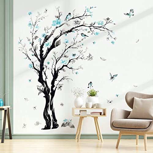 decalmile Wandtattoo Baum Blüten Aquarell Wandaufkleber Blumen Blau Vögel Wandsticker Wohnzimmer Schlafzimmer Sofa Hintergrund Wanddeko