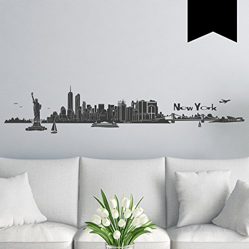 Wandkings Wandtattoo Skyline New York (mit Sehenswürdigkeiten und Wahrzeichen der Stadt) 100 x 20 cm schwarz - erhältlich in 33 Farben