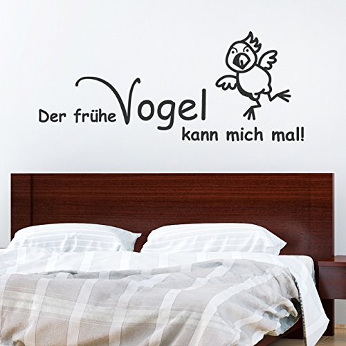 DESIGNSCAPE® Wandtattoo Spruch Der frühe Vogel kann mich mal! mit lustigem Vögelchen | Farbe: dunkelgrau | Größe: mittel (120 x 48 cm)