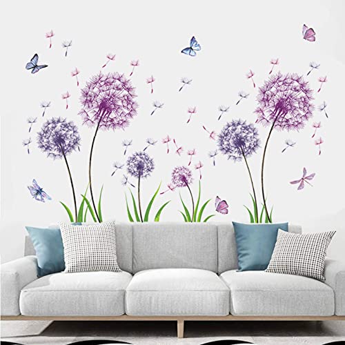 TOARTI 54 Pcs Groß Wandtattoo Löwenzahn,Lila Wandsticker für Kinderzimmer Mädchen,Wandtattoo Pusteblume für Schlafzimmer,Schmetterling Pflanzen Blumen Wandaufkleber für Babyzimmer Wohnzimmer Wanddeko