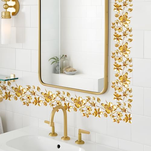 Decvictor Wandtattoo Goldene Blumige Rebe Wandsticker Iris Blätter Blumen Wandaufkleber Fensterbrett Türrahmen Treppe Ecke einer Schlafzimmer Badezimmer Wohnbereich Wanddeko