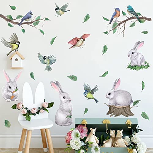 KAIRNE Hase Wandtattoo,Tiere Wandtattoo für Kinderzimmer,Hase Wandsticker für Babyzimmer,Baum Vogel Wandtattoo,Grüne Blätter Kolibri Fenster Aufkleber,Kaninchen Wandaufkleber für Schlafzimmer Deko