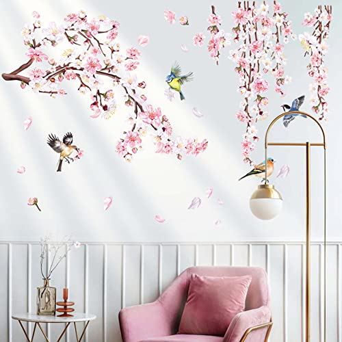 decalmile Wandtattoo Kirschblüte Hängende Wandaufkleber Rosa Blumen Äste Vögel Wandsticker Schlafzimmer Wohnzimmer Fenster Wanddeko