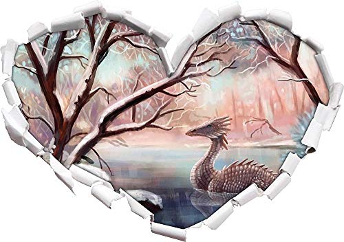 KAIASH 3D Wandsticker Drache im schneebedeckten Wald Herzform im 3D Look Wand oder Türaufkleber Wandsticker Wandtattoo Wanddekoration 62x43cm