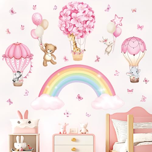 wondever Wandtattoo Regenbogen Heißluftballon Rosa Wandaufkleber Tiere mit Ballon Elefant Giraffe Bär Wandsticker Wanddeko für Kinderzimmer Mädchen Babyzimmer