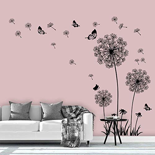 Tanlaby Löwenzahn Wandsticker Schwarz Blumen Wandtattoo Pusteblume Schmetterlinge Wandaufkleber für Wohnzimmer Schlafzimmer Büros Sofa Hintergrund Hause Wanddekoration