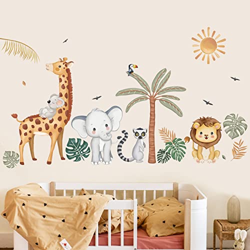 wondever Wandtattoo Dschungel Tiere Wandaufkleber Safari Boho Palme Elefant Giraffe Löwe Wandsticker Wanddeko für Kinderzimmer Babyzimmer