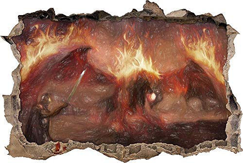 KAIASH 3D Wandsticker Ritter kämpft gegen Drachen im Feuer Kunst Buntstift Effekt Wanddurchbruch im 3D Look Wand oder Türaufkleber Wandsticker Wandtattoo Wanddekoration 62x42cm