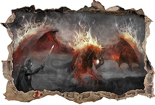 KAIASH 3D Wandsticker Ritter kämpft gegen Drachen im Feuer Detail Wanddurchbruch im 3D Look Wand oder Türaufkleber Wandsticker Wandtattoo Wanddekoration 62x42cm