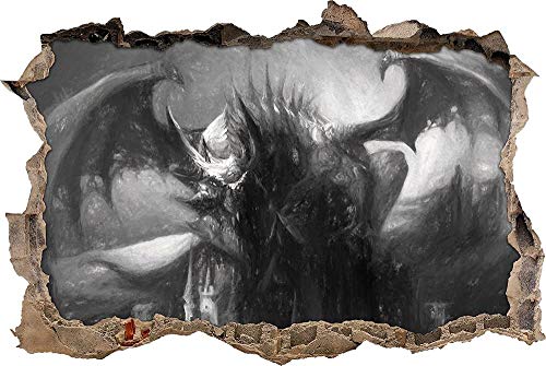 KAIASH 3D Wandsticker der Drache auf der Festung Kunst Kohle Effekt Wanddurchbruch im 3D Look Wand oder Türaufkleber Wandsticker Wandtattoo Wanddekoration 62x42cm