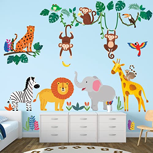 DECOWALL DSL-8057 Dschungeltiere Wandaufkleber Wandtattoo Abziehen und Aufkleben Abnehmbar für Kinderzimmer Schlafzimmer Wohnzimmer Safari Junge Affe Elefant Giraffe Löwe Pferd Vogel Blatt kinder baby