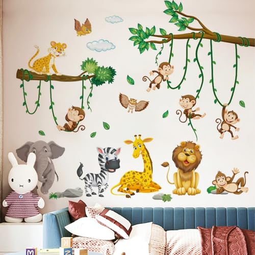 Wandtattoo Dschungel Tiere Wandaufkleber, 2 Stück Baum Reben Wandaufkleber, Elefant Giraffe Löwe Affe Zebra Eule Wandsticker für Jungen Mädchen Babyzimmer Schlafzimmer Wanddeko(30 x 90 cm)