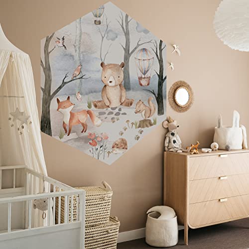 kizcozy Wandaufkleber mit Stoffeffekt, selbstklebend Fabric Wandtattoo Waldtiere Bär Hasen Fuchs Winter für Kinderzimmer Babyzimmer, wasserdichte Stoff Oberfläche Junge, 2 Stück Hexagon Wandbilder