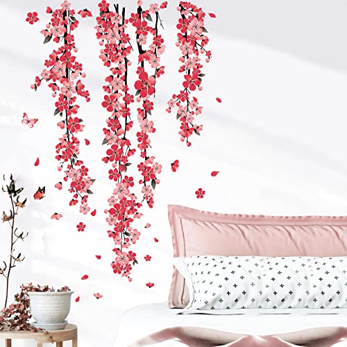 decalmile Wandtattoo Hängende Blumen Rebe Wandaufkleber Aquarell Rote Blüten Blume Wandsticker Schlafzimmer Wohnzimmer Sofa Wanddeko