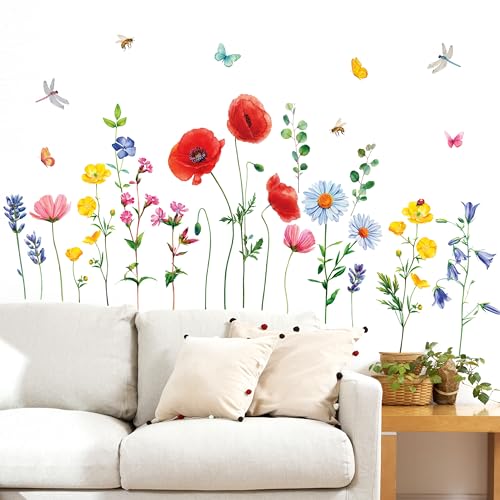 DECOWALL SG2-2103 Garten-Blumen-Wandaufkleber Blumenpflanze Wandtattoo Schmetterling Abziehbilder abnehmbar Kinderzimmer Schlafzimmer Wohnzimmer Heimdekoration