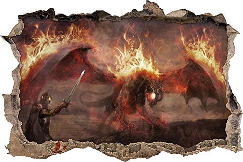 KAIASH 3D Wandsticker Ritter kämpft gegen Drachen im Feuer Wanddurchbruch im 3D Look Wand oder Türaufkleber Wandsticker Wandtattoo Wanddekoration 92x62cm