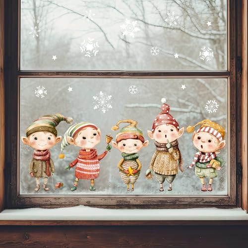 Wandtattoo Loft Fensterbilder Weihnachten mit 5 Elfen und Schneeflocken – Wiederverwendbar – A4 Bogen, 42 Sticker – Weihnachstdeko Fenster Kinderzimmer, Weihnachtsbilder Fenster, Fensterbild Winter