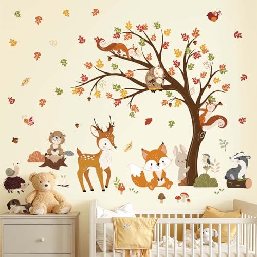 decalmile Wandtattoo Waldtiere Baum Wandaufkleber Hirsche Hase Eulen Herbst Wandsticker Babyzimmer Kinderzimmer Wohnzimmer Wanddeko