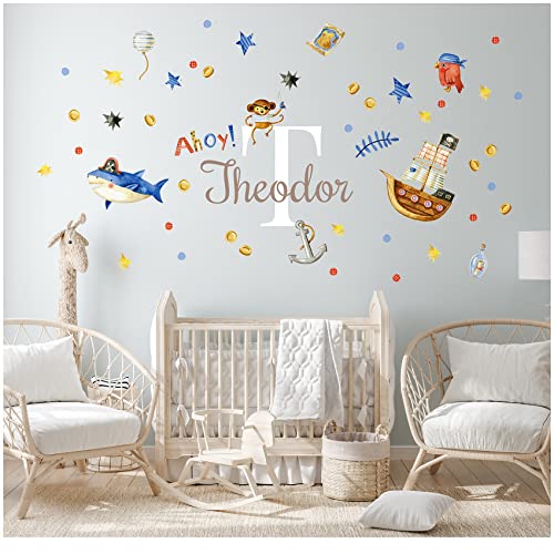 yabaduu Wandsticker personalisiert Sticker Aquarell Tiere mit Name Wandtattoo für Kinderzimmer Babyzimmer Spielzimmer Mädchen Junge Y037 (Nr. 10 Piraten, Mit Wunschname)