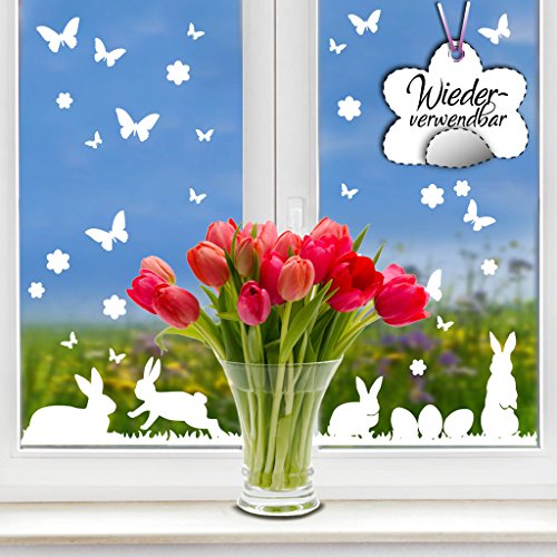 Wandtattoo-Loft Fensteraufkleber Hasen Osterhasen mit Blumen, Ostereiern, Wiese und Schmetterlingen in der Farbe WEIß WIEDERVERWENDBAR / 54 Aufkleber im Set/Fensterbilder Ostermotiv/Fensterdeko Set