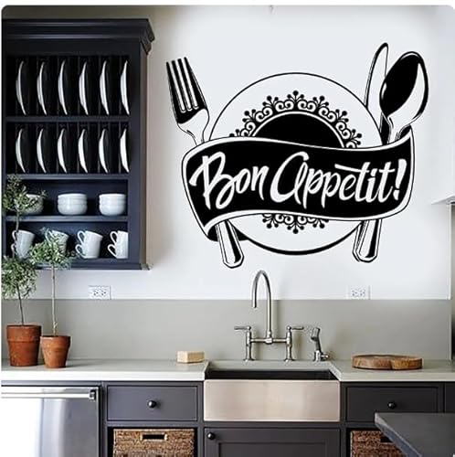 Bon Appetit Wandtattoo Küche Esszimmer Koch Interieur Aufkleber Geschirr Creative Arts Wandbild, schwarz, 57x66cm selbstklebender abnehmbarer moderner Vinyl-Posteraufkleber