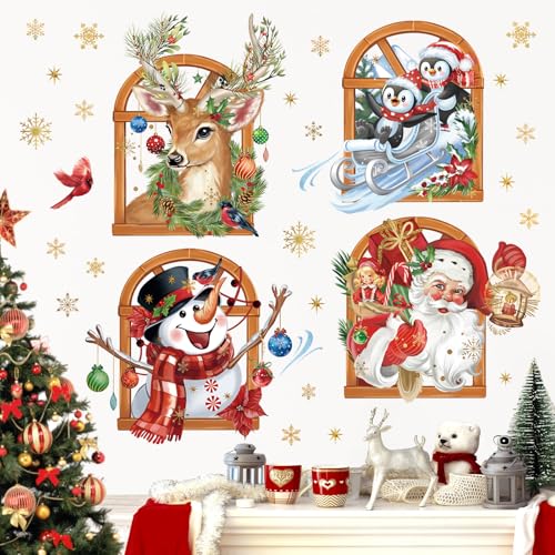 wondever Wandtattoo 3D Fenster Weihnachten Wandaufkleber Weihnachtsmann Pinguine Schneemann Rentier Weihnachten Fenster Wandsticker Wanddeko für Weihnachten Fenster Weihnachtsdeko