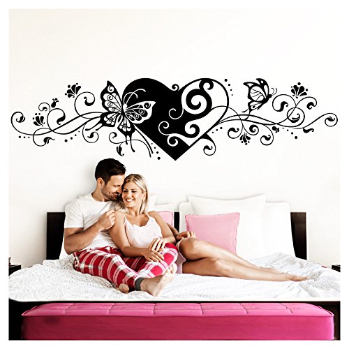 Grandora Wandtattoo Blumenranke Herz selbstklebend I schwarz 150 x 38 cm I Schlafzimmer Liebe Love Schmetterlinge Wandtatoo Wandaufkleber Wandsticker W642