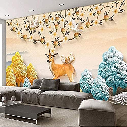 Fototapete Selbstklebende Wandbild Kinderzimmer 3D Tier Hirsch Bäume Vogel 400 X 280 Cm Abziehbare Und Selbstklebende Wandposter Tv-Hintergrund Wandtattoo Kunstdruck Bild Design Moderne Wanddekoratio