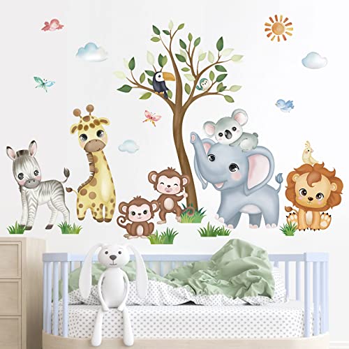 wondever Wandtattoo Tiere Dschungel Baum Wandaufkleber Safari Elefant Giraffe Löwe Wandsticker Wanddeko für Kinderzimmer Babyzimmer Spielzimmer