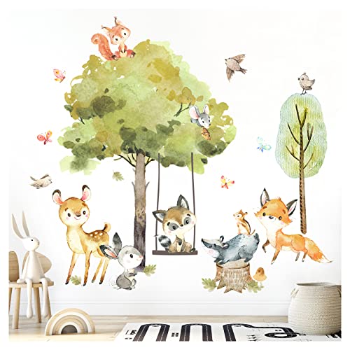 Grandora Wandtattoo Wandsticker Kinderzimmer Waldtiere Bäume Wandaufkleber Wanddeko Fuchs Sticker Babyzimmer REH Spielzimmer Hase Wandbild Kinder Aufkleber DL762-2