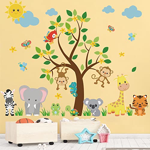 Tanlaby Dschungeltiere Wandtattoo Affenwald Baum Wandsticker Elefant Giraffe Zebra Tiger Wandaufkleber für Kinder Babyzimmer Wohnzimmer Schlafzimmer Kinderzimmer Hause Wanddekoration