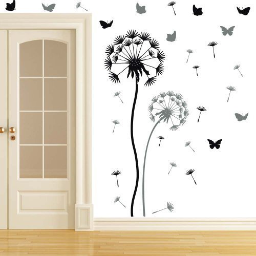 wandtattoo-factory Pusteblume Set schwarz/grau sowie 21 Flugsamen und 10 Schmetterlinge - Große Blume 100 x 30cm, kleine Blume 70 x 25cm