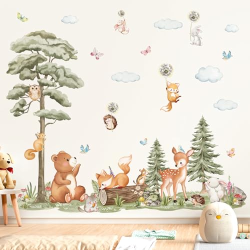 decalmile Wandtattoo Waldtiere Baum Groß Wandaufkleber Bär Hirsch Fuchs Wandsticker Kinderzimmer Babyzimmer Wohnzimmer Wanddeko