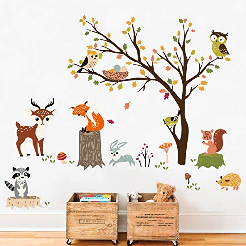 decalmile Wandtattoo Waldtiere Baum Wandsticker Eule Fuchs Hirsch Wandaufkleber Kinderzimmer Babyzimmer Schlafzimmer Wanddeko