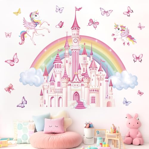 wondever Wandtattoo Regenbogen Schloss Wandaufkleber Einhorn Prinzessin Schloss Schmetterlings Wandsticker Wanddeko für Kinderzimmer Mädchen Babyzimmer