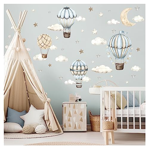 DEKO KINDERZIMMER Wandsticker Heißluftballon Wandtattoo Aquarell Wolken Mond Wandaufkleber für Babyzimmer Boho Jungen Schlafzimmer Wanddeko DK1136-04