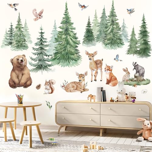 wondever Wandtattoo Baum Große Kiefer Wandaufkleber Waldtiere Bär Hirsch Fuchs für Kinderzimmer Babyzimmer Schlafzimmer