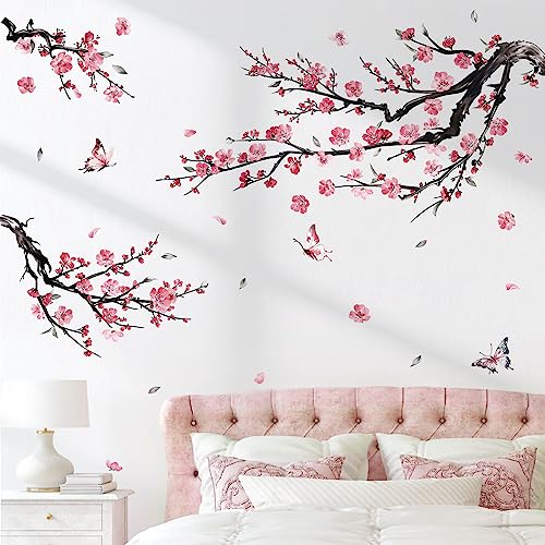 decalmile Wandtattoo Blumen Rosa Baum Ast Wandaufkleber Blumen Blüten Rosa Wandsticker Wohnzimmer Schlafzimmer Sofa Hintergrund Wanddeko