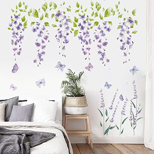 Runtoo Wandtattoo Blumen Lila Wandsticker Lavendel Blumenwiese Bordüre Wandaufkleber Wohnzimmer Kinderzimmer Schlafzimmer