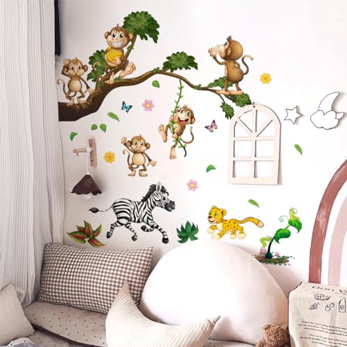 LICHUANUK Wandtattoo Dschungel Tiere Baum Zweig Wandaufkleber Safari Löwe Leopard Tiger Wandsticker Kinderzimmer Babyzimmer Schlafzimmer Wanddeko