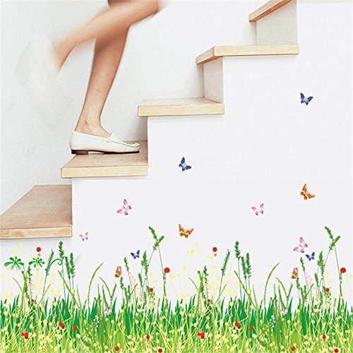 ufengke Wandtattoo Grüne Gras-Wiese mit Roten Blumen Wandaufkleber Wandsticker Schmetterlingen Bunte Entfernbare DIY Vinyl Wanddeko für Kinderzimmer Wohnzimmer Schlafzimmer Baseboard Küche