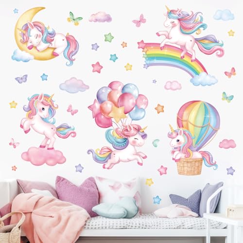 decalmile Wandtattoo Einhorn Regenbogen Mädchen Wandaufkleber Heißluftballon Mond Wolken Wandsticker Babyzimmer Kinderzimmer Mädchen Schlafzimmer Wanddeko