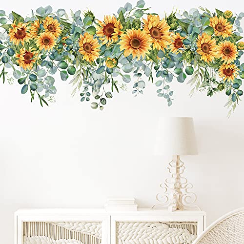 Wandtattoo Wandaufkleber Wandsticker 109X50Cm Handgemalte Sonnenblumen Grüne Blätter Pflanzen Wandaufkleber Für Wohnzimmer Schlafzimmer Home Dekorative Wandtattoos Floral Pvc Wanddeko Mädch