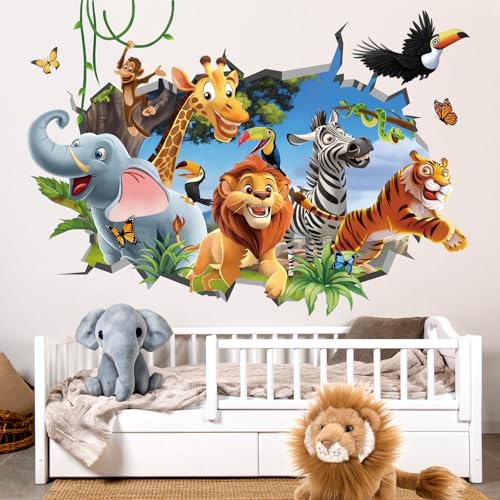 decalmile Wandtattoo 3D Dschungel Tiere Wandsticker Safari Elefant Giraffe Zebra Wandaufkleber Babyzimmer Kinderzimmer Schlafzimmer Wanddeko