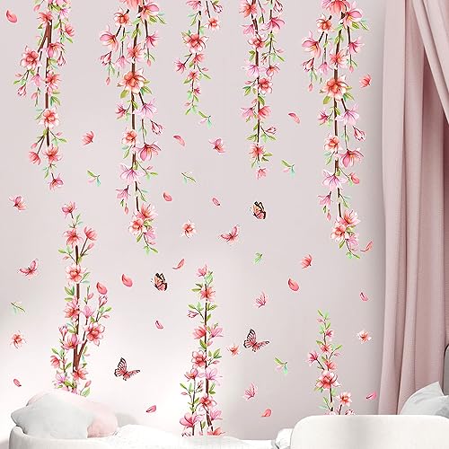 ZACUDA 2 Rollen Blumen Rosa Wandtattoo Aquarell Wandaufkleber Schmetterling Blumen Wandtattoo Kirschblüte Wandsticker Deko Rosa Blumen Wanddeko für Wohnzimmer Schlafzimmer Fenster