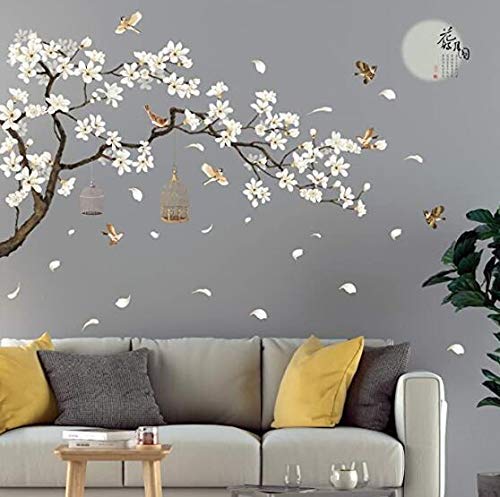 XXL wandtattoo kirschblüte, wandtattoo baum vögel Wandtattoo bäume weiße Blüten wanddeko kinderzimmer, Wandtattoos Schlafzimmer Wandaufkleber wohnzimmer Sofa Hintergrund Wandtattoos 187x128cm