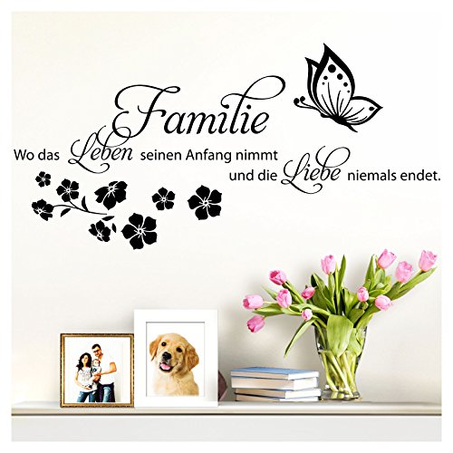 Grandora W5448 Wandtattoo Spruch Familie ist wo Leben beginnt I azurblau (BxH) 58 x 30 cm I Wohnzimmer Flur Aufkleber Wandaufkleber Wandsticker